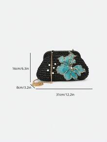 Dedoo 女款拉菲草手拿包，夏季花卉亮片刺繡珍珠裝飾，鏈條斜跨單肩包，沙灘度假晚宴婚禮派對草編手提包 - 黑色 - 查看 6