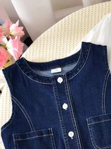 Vihyde Bộ trang phục 2 món cho bé gái tuổi teen thu đông gồm váy cổ đứng tay dài bèo nhiều lớp và áo vest denim sát nách - Rửa tối - Xem 5