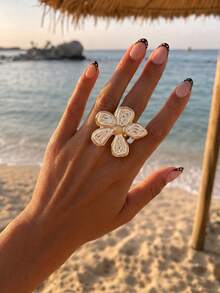 1件波西米亞度假風拉菲草花開口戒指，白色百搭女款珠寶，適合通勤與旅行 - 白色 - 查看 1
