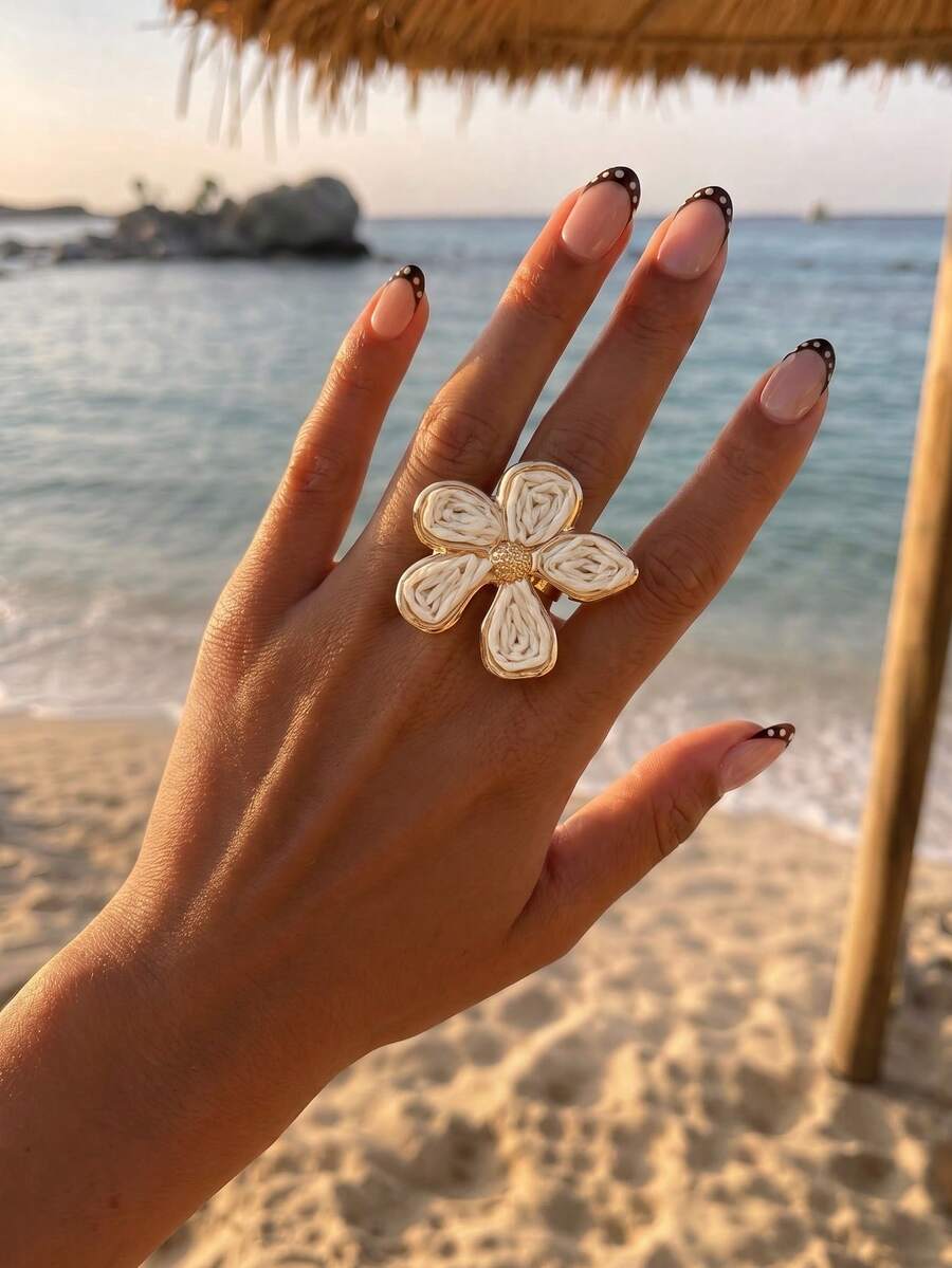 1件波西米亞度假風拉菲草花開口戒指,白色百搭女款珠寶,適合通勤與旅行 - 白色 - 查看 1
