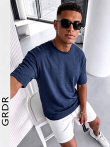 GRDR 男士夏季時尚條紋提花領短袖T恤，適合商務通勤與日常穿著 - 藏蓝色 - 查看 2