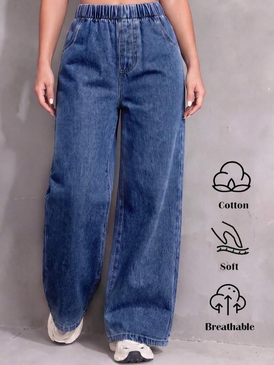 女童水洗寬鬆直筒牛仔褲,休閒百搭,時尚日常穿搭 - 深色水洗藍 - 查看 1