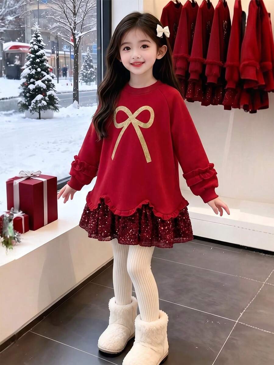 Girls' Daily Fashion Thermal Lined Sequin Red Sweatshirt Dress, Autumn/Winter - Red - View 1