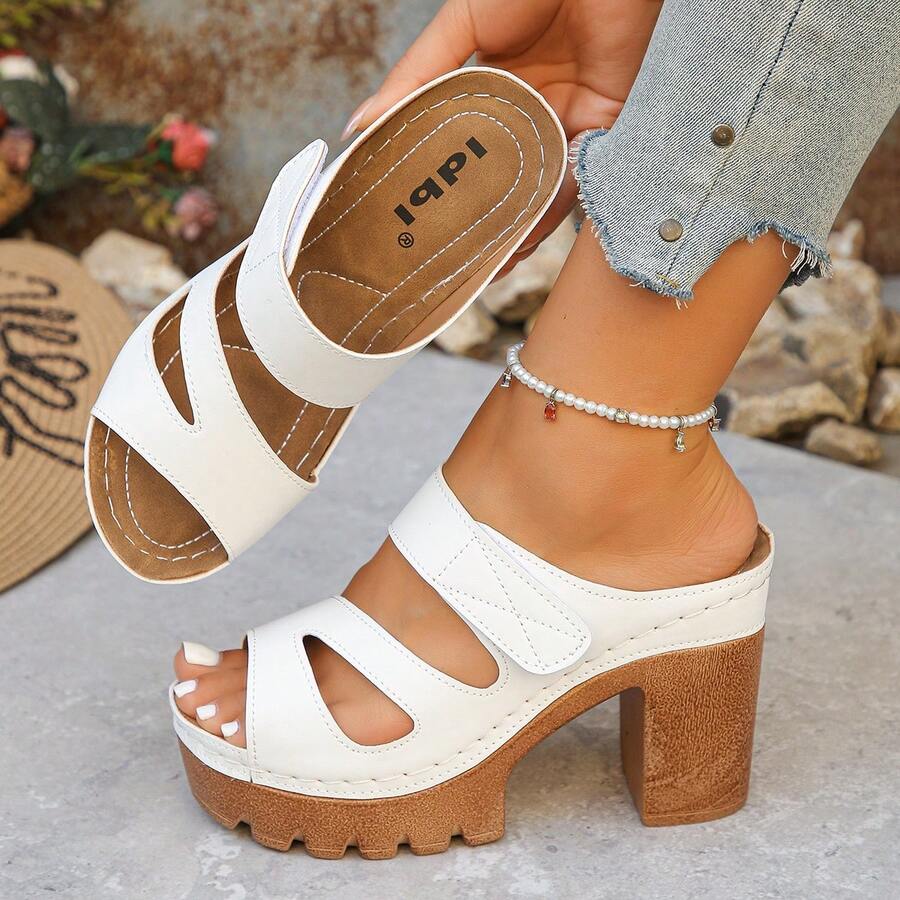 Women's Hollow Out Thick Sole Mule Sandals, Hook And Loop Strap Chunky Square Heel Slip-On Shoes, White