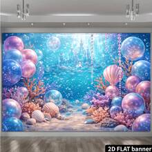 2d Flat Banner Underwater Party Banner With Ocean Theme In The Background, Decorated With Coral Shells, Pearl Balloons And Underwater Castles, Room Decoration, Without Power Supply. - 1 - View 2
