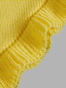 Soft Pale Yellow Skin-Friendly Knitted Long Sleeve Dress, Classic Round Neck Elastic Slim Fit Short Dress With Irregular Wavy Ruffle Hem Design, - Yellow - View 4