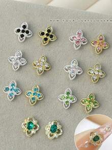 10Pcs Lucky Clover Nail Charms Set, Silver Gold Plated Hollow Four Leaf With Inlaid Rhinestones, Vintage Elegant Retro Nail Ornaments & Gems For DIY Manicure Nail Supplies Nails Nail Gems - Multicolor - View 1