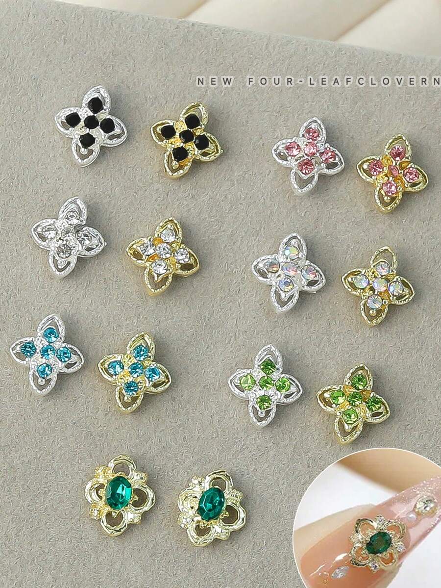 10Pcs Lucky Clover Nail Charms Set, Silver Gold Plated Hollow Four Leaf With Inlaid Rhinestones, Vintage Elegant Retro Nail Ornaments & Gems For DIY Manicure Nail Supplies Nails Nail Gems - Multicolor - View 1
