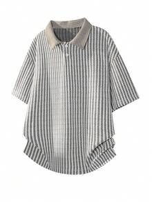 1件男士黑白千鳥格拼接 Polo 衫，精細針織面料，寬鬆版型，舒適透氣，抗起球，成熟復古風，適合日常通勤，版型偏大，請選擇小一號以獲得更好合身度 - 白色 - 查看 7