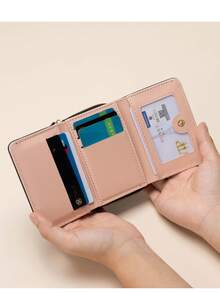 Dompet Lipat Tiga Pendek Wanita dengan Jahitan Berkerut, Dompet Koin Ritsleting Tali Pergelangan Tangan Portabel, Tempat Kartu Multi Slot, Tas Kecil Genggam - MultiWarna - View 9