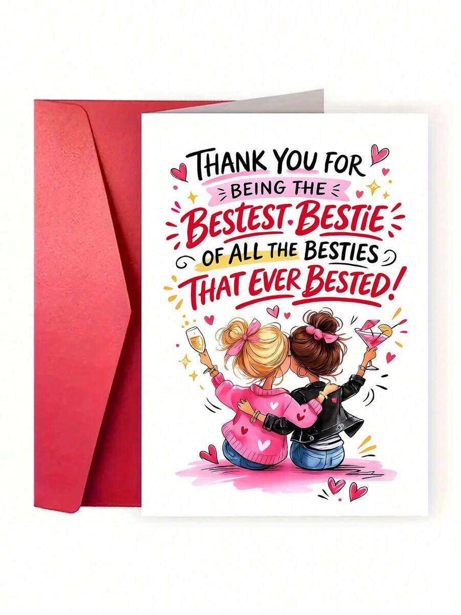 1pc Best Friend Greeting Card, Birthday Thank You & Gratitude Card With Envelope, Unique Women's Friendship Birthday Gift Card - Multicolor - View 1