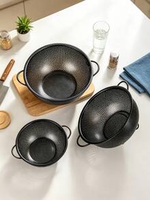 Stainless Steel Black Colander, Dual Handle Rice Washing Basket, Fine Mesh Design, Can Wash Pasta, Vegetables, Rice, Fruits And Other Ingredients, Multi-Purpose Strainer, Kitchen Daily Essential, Kitchen Fruit Basket, Kitchen Must-Have, Christmas, Halloween, Mother's Day Gift - M - View 2