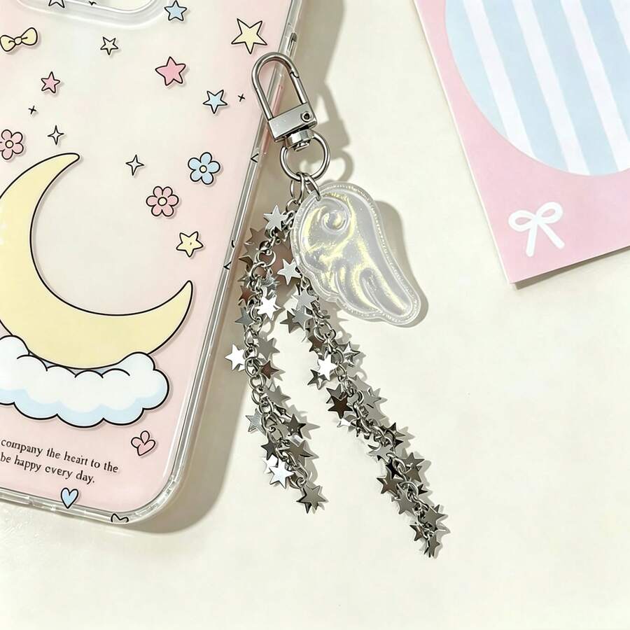 Y2K Angel Wings Star Chain Bag Charm, Metal Pentagram Tassel Keychain, Japanese INS Style Phone Chain Pendant, Backpack Decorative Accessory - Multicolor - View 1