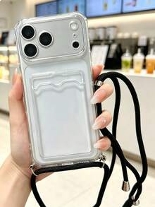 Shockproof Four Corner Adjustable Crossbody Lanyard Clear Transparent Phone Case Compatible With IPhone 18 Pro Max 18 Pro 17 Pro Max 17 Pro 16 Pro Max 15 14 Pro Max 13 12 Pro Max 11 Soft Camera Protection Card Holder Soft Cover ﻿ - Transparent Shell + Black Rope - View 2