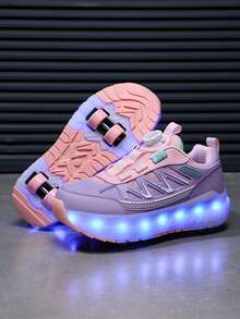 女孩 LED 充電發光輪滑鞋，多功能可變形直排輪滑鞋，可拆卸輪子，適合四季穿著 - 紫色 - 查看 4
