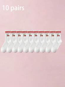1/3/5 Pairs 3D Printed Cherry Pattern Mid-Calf Socks, Colorful Red Striped Ribbed Splicing Details, Soft And Skin-Friendly - Red - View 23