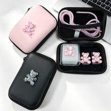 6pcs Rhinestone Bear & Rabbit Data Cable Protector Set With Hard Shell Digital Storage Bag, Layered Mesh Pockets For Charging Cables & Earphones, Matching Glitter Bear & Rabbit Charger Protective Case And Cable Wrap Rope, Black & Pink Dual Color Options, Pressure-Resistant Shockproof Portable Carry, Cute Cartoon Digital Accessories Set For Students & Commuters - Multicolor - View 5