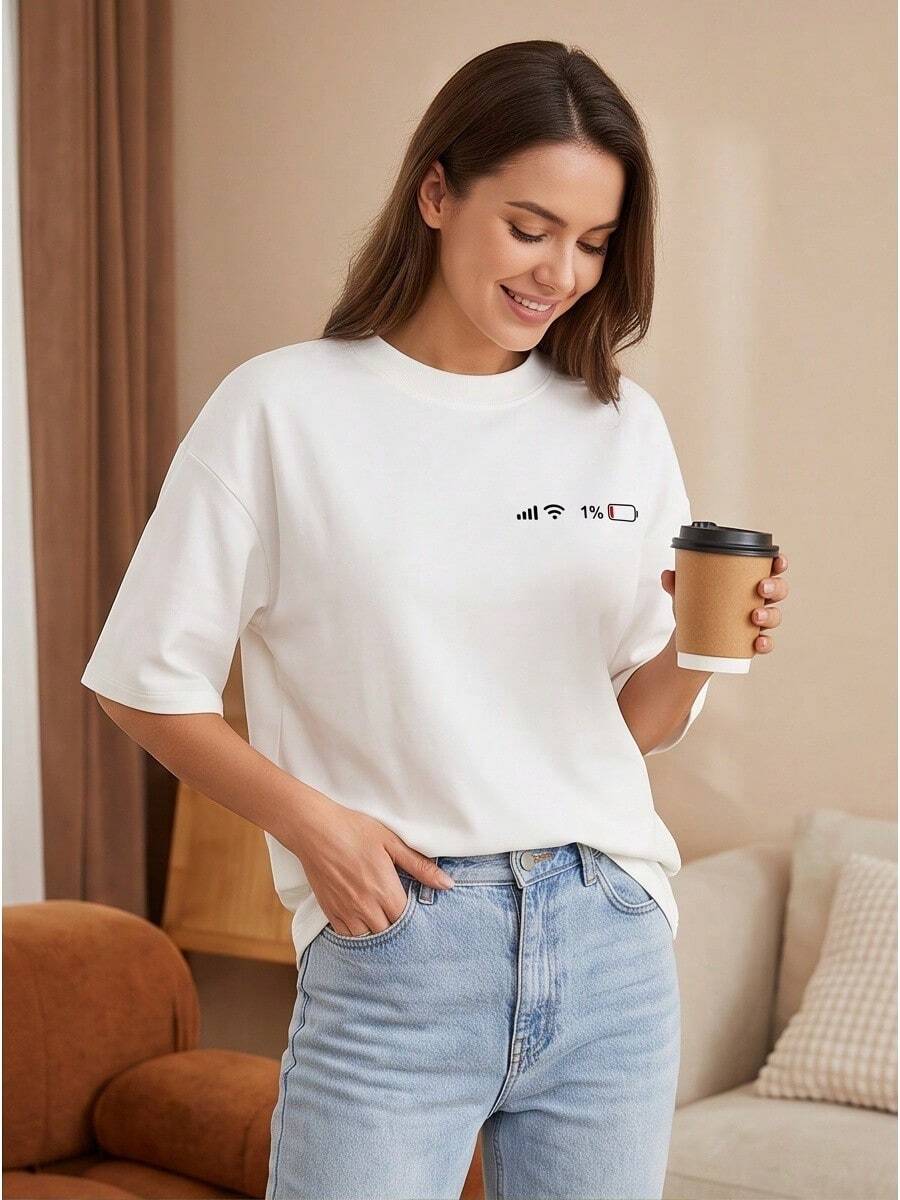 Three-Season Casual Shirt For Women, Pure Cotton Crew Neck Short Sleeve Regular Fit Geometric Printed Daily Top Fast Local Delivery - 白色 - 查看 1