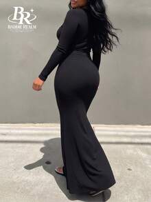 BR Chic Women's Black Long Sleeve Deep V-Neck Fitted Ribbed Knit Dress, Mermaid Tail Style Long Dress, Create A Sleek And Elegant Look, Medium Stretch - Black - View 5