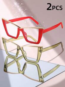 2 Pairs Cute Cat Eye Shaped Metal Frame Transparent Lens Regular Glasses For Women Street Photography Daily Use - Clear - View 22