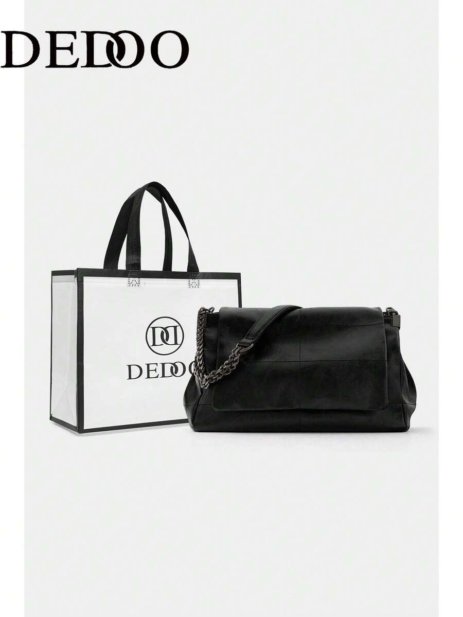 Dedoo Women's Shoulder Bag PU Leather Solid Color Chain Decor Large Capacity Minimalist Style Commute Travel All Season (Gift Bag Included)
