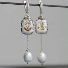 DIYCCPC Women's Fresh Hand-Painted White Background Botanical Print Chain Drop Earrings, Suitable For Daily Commute And Dating - Multicolor - View 7
