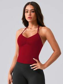 NcmRyu 1pc Women Halter Neck Elastic Ribbed Ruched Sports Camisole - Red - View 7