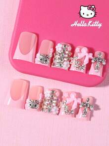 Sanrio Hello Kitty 24片中號鴨粉色法式美甲貼紙，附可愛3D Hello Kitty、粉色蝴蝶結、鑽石星星、十字架、水鑽與花朵設計，完美貼合假指甲組，適合女孩日常與派對使用 Hello Kitty 美甲用品 - 彩色 - 查看 2