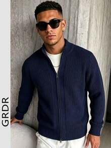 GRDR Men's Casual Long Sleeve Zip-Up Cardigan Sweater, Versatile For Daily Wear - Navy Blue - View 2