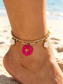 1 pieza Tobillera elegante y encantadora con colgante de trébol de doble capa de color rojo rosa, estilo de vacaciones de verano, adecuada para mujeres, apta para vacaciones, fiestas, citas, regalos, uso diario - Multicolor - Ver 7