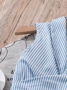 Left Mama Tween Girl Striped Sleeveless Top And Skirt Set With Bowknot Decor For School - Baby Blue - View 4