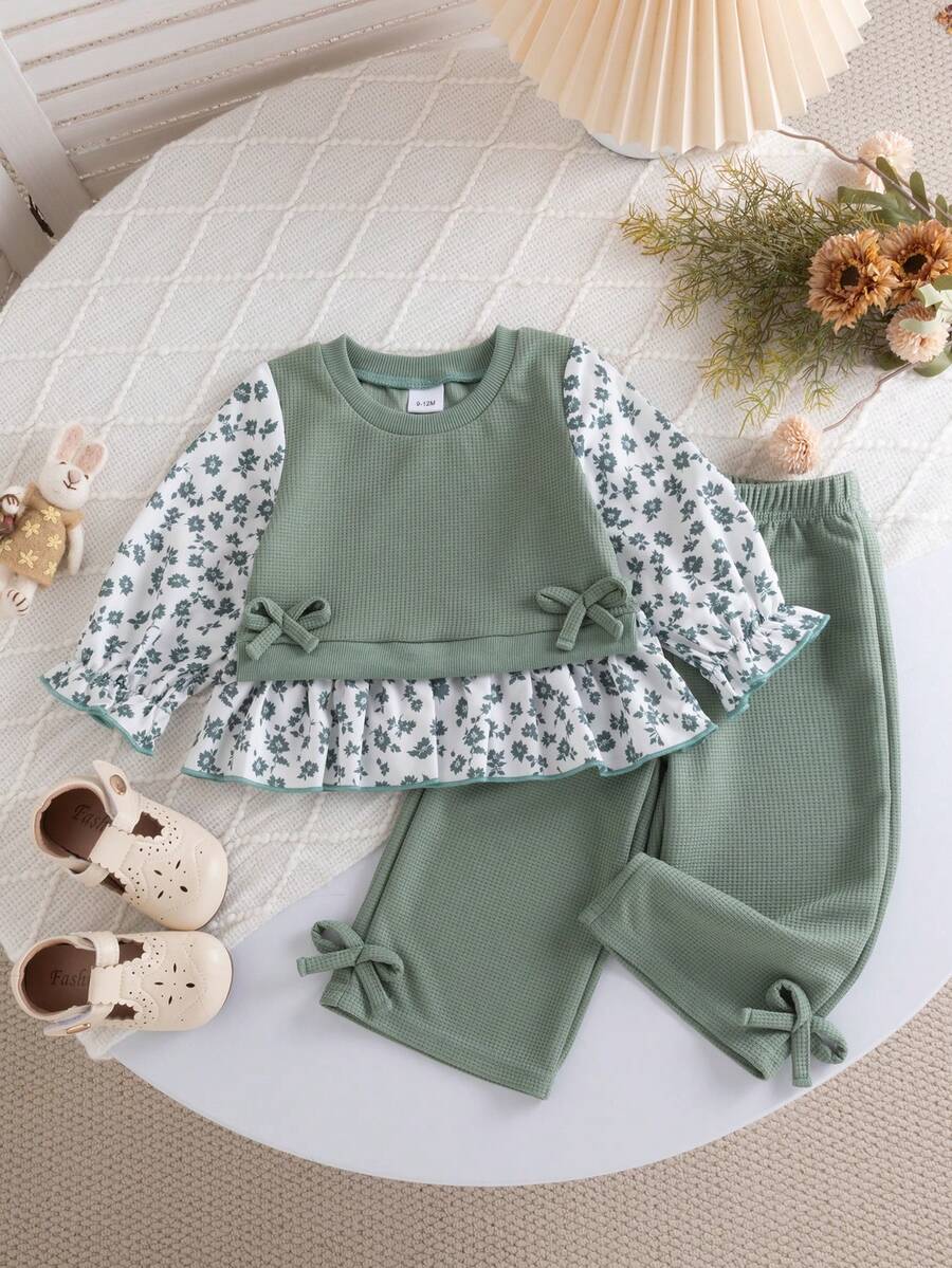 Setelan Rajut Waffle Manis 2 Potong untuk Bayi Perempuan Musim Semi/Gugur, Atasan 2 in 1 dengan Motif Bunga dan Ruffle + Celana Panjang Kasual Lebar dengan Pita di Bagian Bawah, Gaya Mori Segar untuk Sehari-hari, Aktivitas Luar Ruangan, Liburan, Foto, Pesta, dan Jalanan - Mint Green - View 1