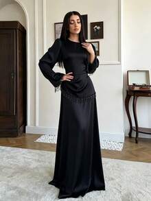 Women's Simple Elegant Tassel Detail Waist-Cinched Dress Black - Black - View 3