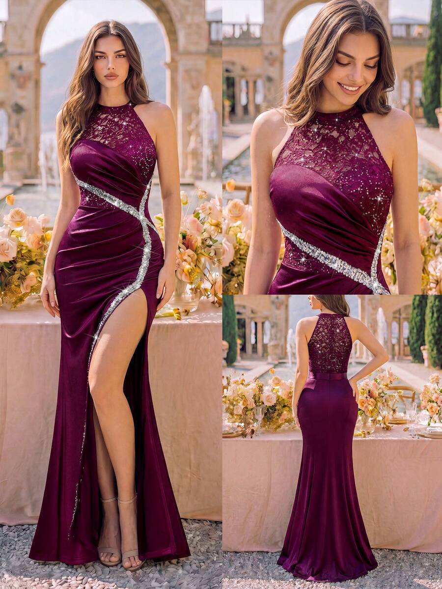 MIUSOL Floral Lace Contrast Color Sequin Backless Slit Satin Evening Gown, Elegant Party Dress Fall