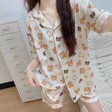 San-X Rilakkuma 可愛卡通 Ins 風鬆弛感熊圖案日系女款夏季短袖居家睡衣套裝 - 彩色 - 查看 3