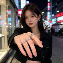 Vintage Gothic Style Multi-Piece Stackable Ring Set For Women, Silver-Plated Star Crown Hollow Zirconia Adjustable Rings, Luxury Shiny Party Jewelry Gift, Suitable For Engagement, Valentine's Day, Birthday - one-size - View 3