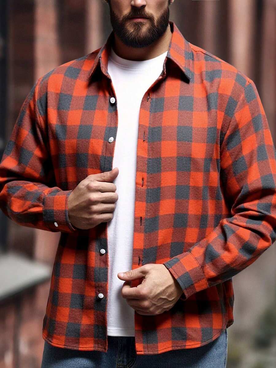Men's Button-Down Plaid Long Sleeve Casual Shirt, Yellow - Orange - View 1