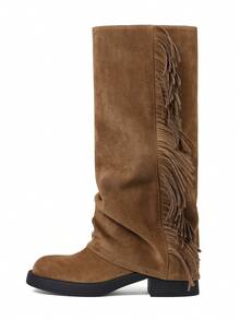 Slouchy Fringe Western Fold Over Boots For Women, Retro Boho Knee High Cowboy Boots For Festival & Country Concert, Casual Fall Winter Cowgirl Boots - 棕色 - 查看 11
