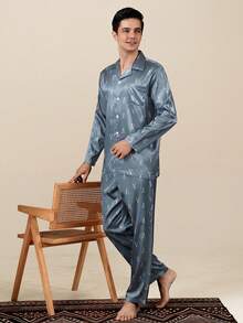 Men's Spring/Autumn Cardigan Faux Silk Pajama Set, High-End Long Sleeve Pants, Comfortable Loungewear - Multicolor - View 3