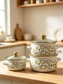 3pcs Multi-Functional Enamel Pot Set, Soup Pot, Stew Pot, Tableware, Multi-Purpose, Easy To Clean Non-Stick, Compatible With Gas, Open Flame, Induction Cooktop, Floral Design Thickened High-Temperature Stew Pot, Cooking Pot, Available In 16cm/18cm/20cm Capacity, Perfect For Halloween Home And Restaurant Use, Outdoor Camping Party Cookware, Suitable For Christmas, All Seasons Home Picnic, Travel And Portable Use - View 10