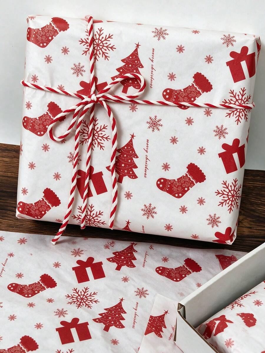 Papel de seda vintage festivo Feliz Navidad 14*20 pulgadas, envoltorio de regalo hecho a mano DIY de Año Nuevo de invierno con estampado lindo de hombre de jengibre, ideal para sala de estar interior, mesa, ramo, boda, cumpleaños & recuerdos de fiesta de vacaciones - Regalo rojo de Navidad - Ver 1