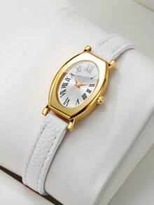 Women's Gift Watch With Embossed PU Leather Strap, Oval Roman Numeral Dial, Small Dial, Luxury Niche Wristwatch, Gift For Best Friend (1pc/Set) Watch Box Not Included - White - View 10