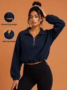Never me Women's Sporty American Style Half-Zip Stand Collar Cropped Pullover Sweatshirt With Cinched Waist And Exposed Midriff Long Sleeve Cover-Up - Navy Blue - View 10