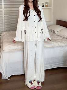 Gongdie 2pcs/Set Miffy Women's Pajama Set, Spring/Autumn Cream White Soft Modal Cotton, Ruffle Cuffs Polka Dot Print Loungewear - Beige - View 8