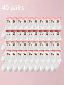 1/3/5 Pairs 3D Printed Cherry Pattern Mid-Calf Socks, Colorful Red Striped Ribbed Splicing Details, Soft And Skin-Friendly - Red - View 42