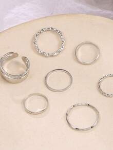 RINTOLER Juego de 7 anillos de metal personalizados estilo callejero, adecuado para accesorios de joyería de uso diario para mujeres, anillos de metal estilo hip-hop, no ajustables - Plateado - Ver 9