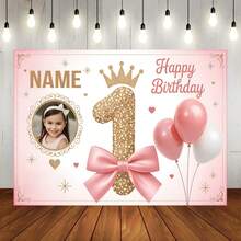 Customizable Name Photo 1st Birthday Backdrop With Pink And Blue Balloons, Flowers, Gold Glitter, Crown, Hearts, Bows, And Ribbons, 1st Birthday Parties, Baby Showers, Birthday Gifts, Cake Table Backdrop, Photo Banner, Vinyl, Celebration Decor - Multicolor - View 18