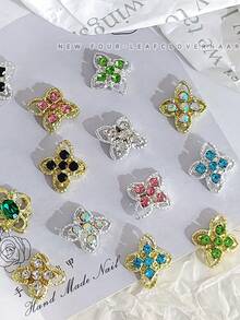 10Pcs Lucky Clover Nail Charms Set, Silver Gold Plated Hollow Four Leaf With Inlaid Rhinestones, Vintage Elegant Retro Nail Ornaments & Gems For DIY Manicure Nail Supplies Nails Nail Gems - Multicolor - View 5