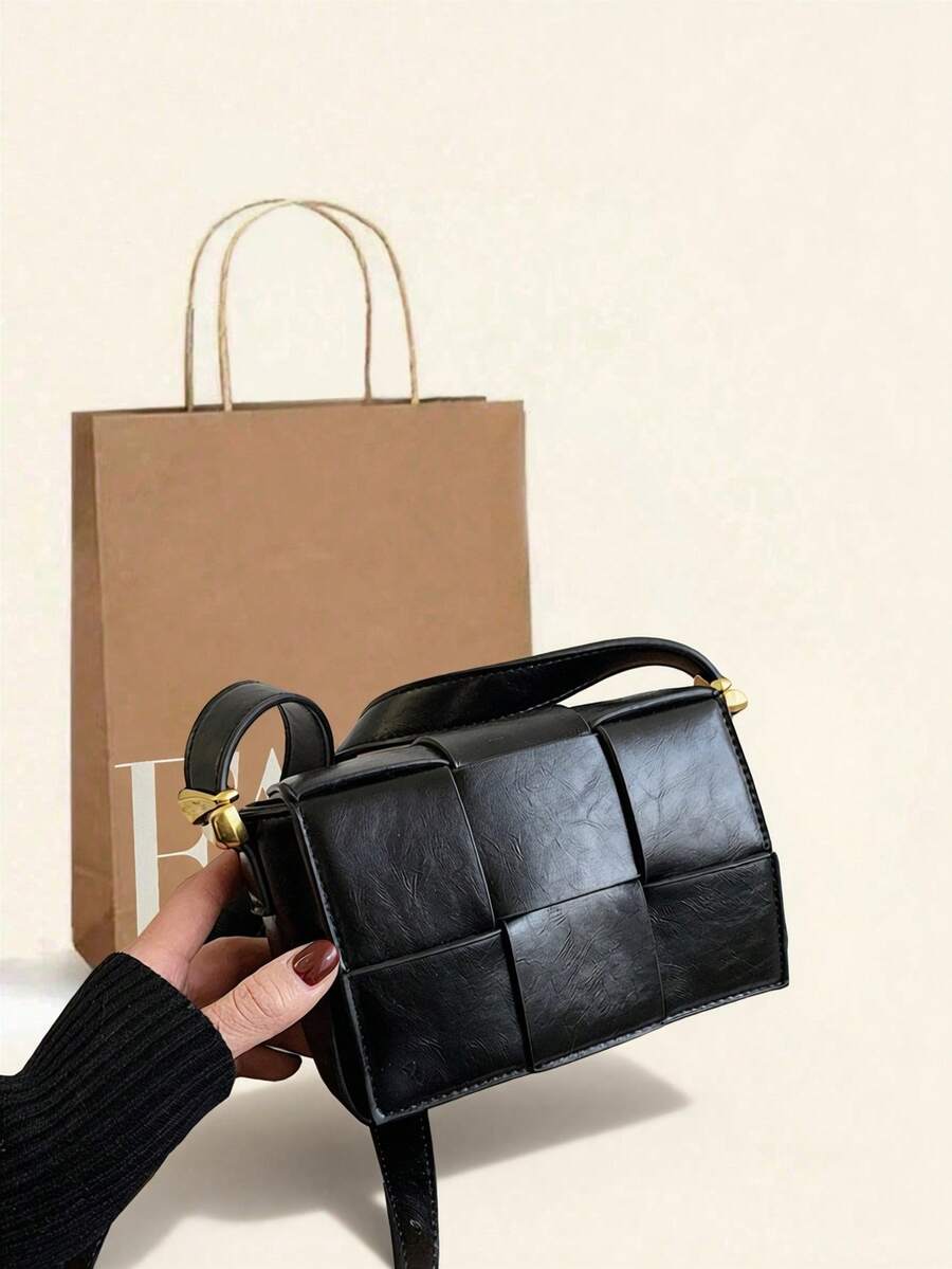 1 chiếc túi vuông đơn giản dệt thời trang màu đen, túi đeo vai đeo chéo hợp thời trang đựng điện thoại, thiết kế có cấu trúc cổ điển, thích hợp sử dụng hàng ngày - màu đen - Xem 1