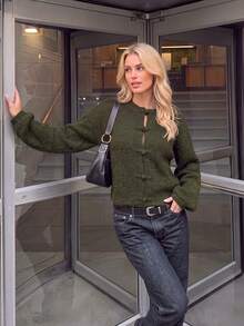 Nicenter Women's Fall‑Winter Cozy Wool Blend Fuzzy Knit Crew Neck Frog Button Oversized Cropped Cardigan Sweater Tops Fall‑Winter Clothes For Women - Army Green - View 7